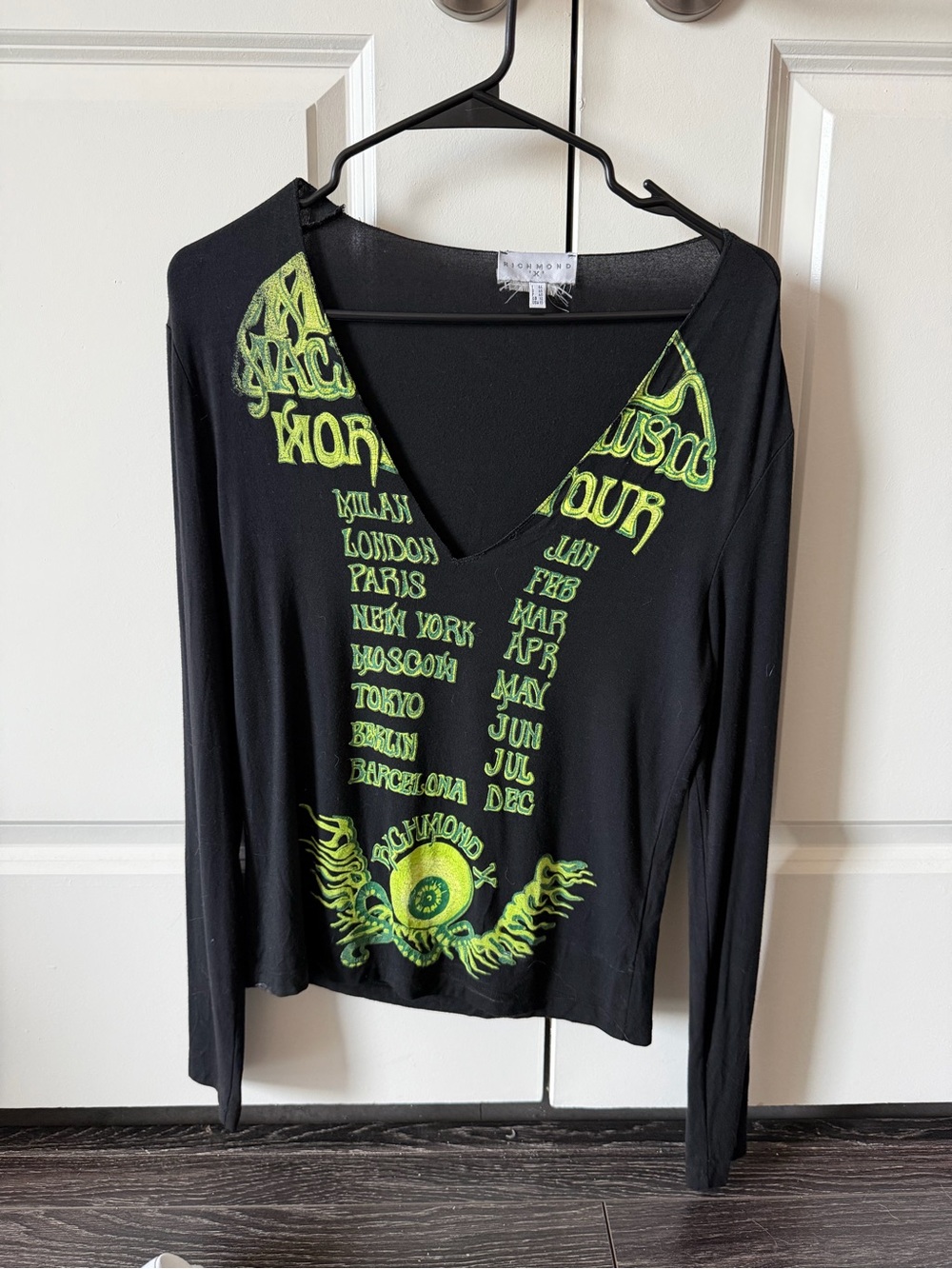 Richmond Black Long Sleeve V-Neck Top with Neon Green Graphic